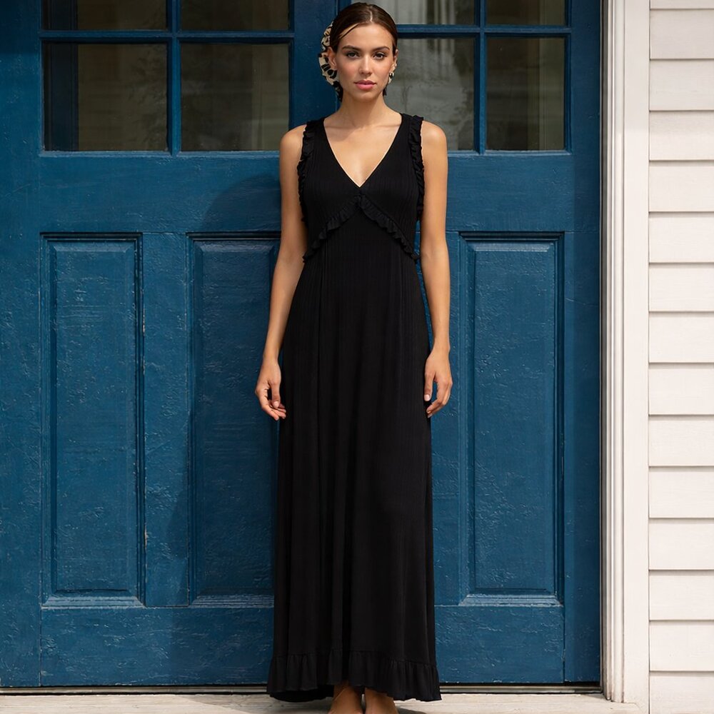 Anthropologie NWT Black Ribbed Ruffle Maxi Dress Tie Back Sleeveless Size L